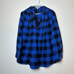 Woman Within Blouse 18 20 Large Blue Black Check Cottagecore Casual Classic